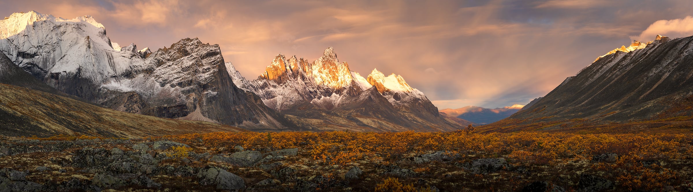 301 megapixels! A very high resolution, large-format VAST photo print of an epic mountain range at sunset; mural wallpaper photograph created by Jeff Lewis in Tombstone Territorial Park, Yukon, Canada.