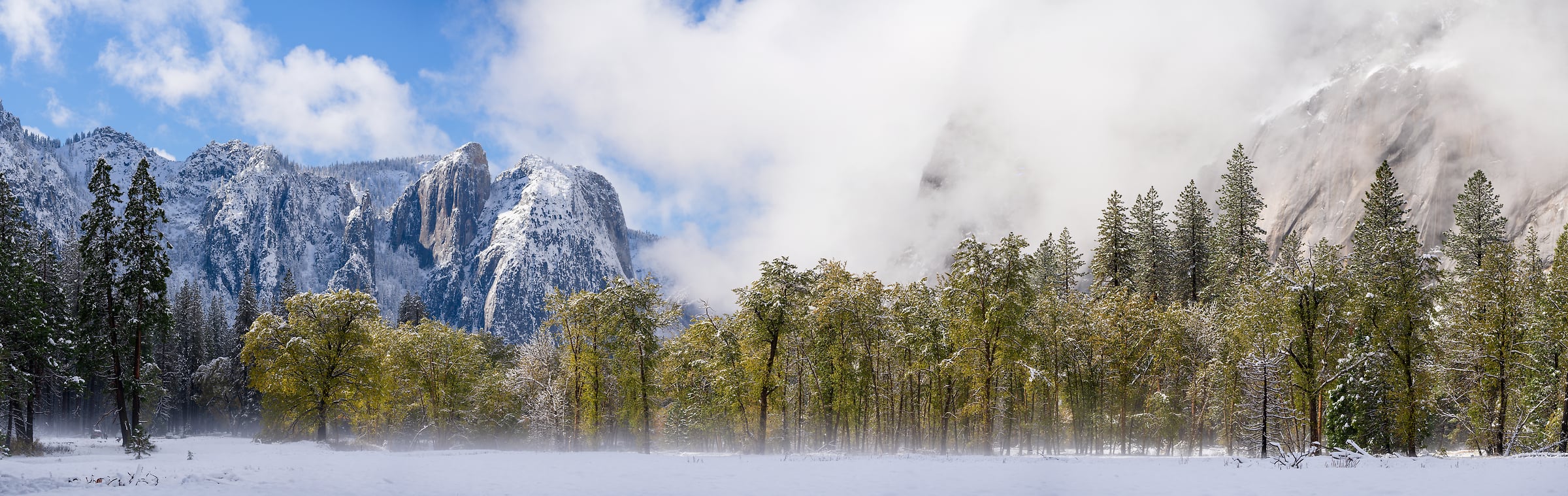 267 megapixels! A very high resolution, large-format VAST photo print of a beautiful winter scene with a snow-covered field, trees, and mountains in the background; panorama photograph created by Jeff Lewis in Yosemite National Park, California.