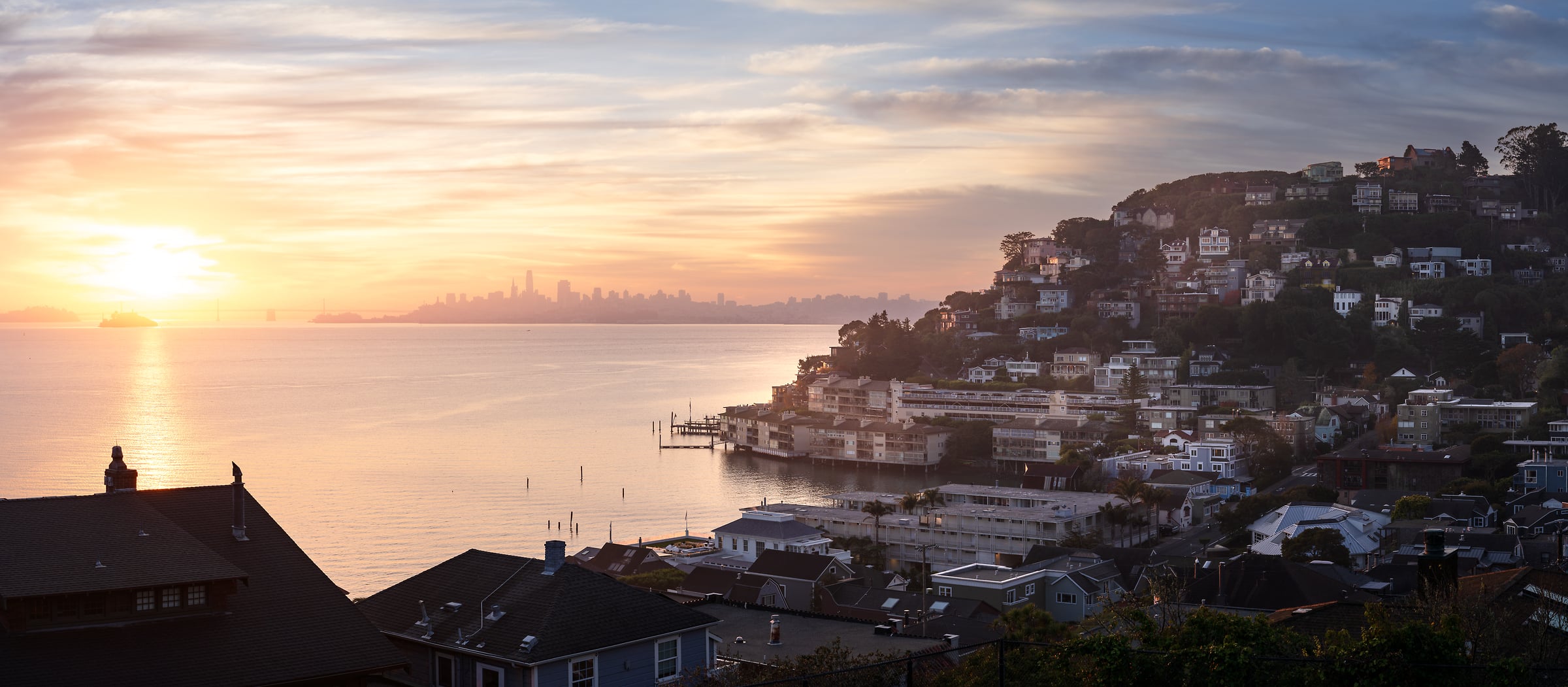 187 megapixels! A very high resolution, large-format VAST photo print of the Sausalito, California waterfront at sunrise with the San Francisco Bay and the San Francisco skyline in the background; fine art photograph created by Jeff Lewis in Sausalito, California.