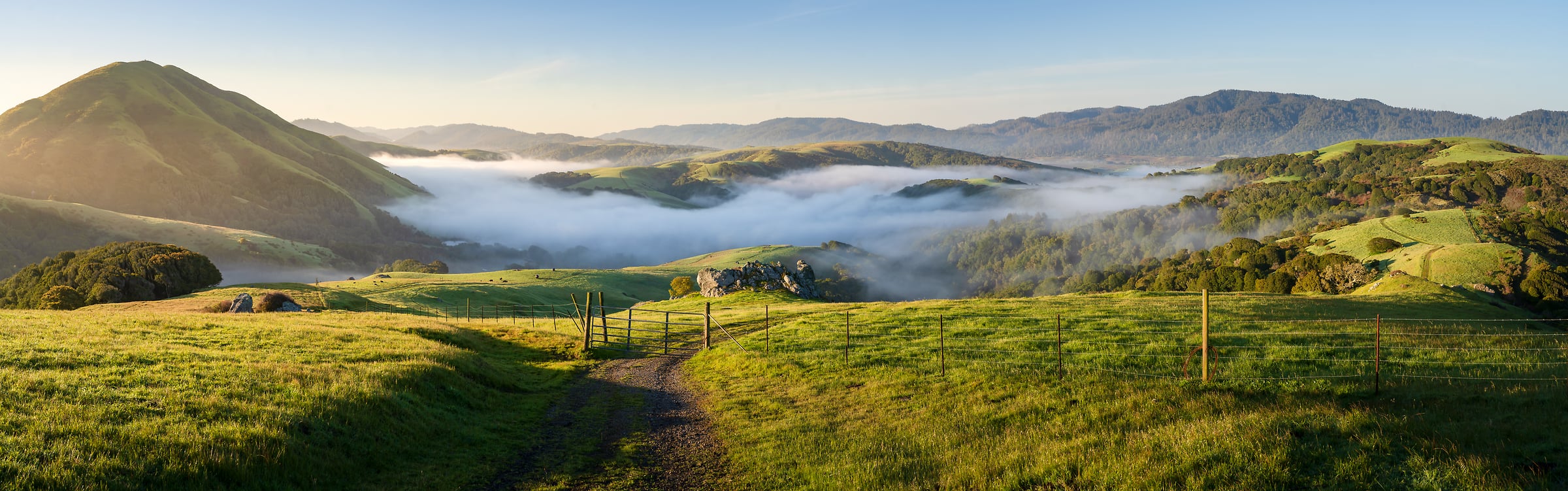 145 megapixels! A very high resolution, large-format VAST photo print of a beautiful, idyllic, happy landscape with farmland, mountains, a valley with clouds, and a blue sky; photograph created by Jeff Lewis in Marin County, California.