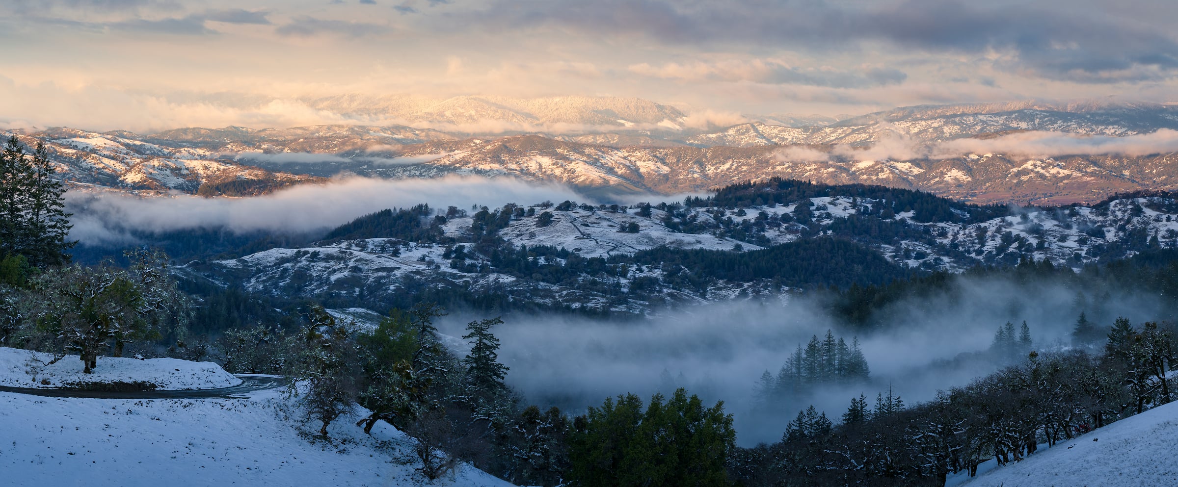 244 megapixels! A very high resolution, large-format VAST photo print of snow-covered hills after a snowstorm with beautiful clouds; landscape photograph created by Jeff Lewis in Mendocino County, California.