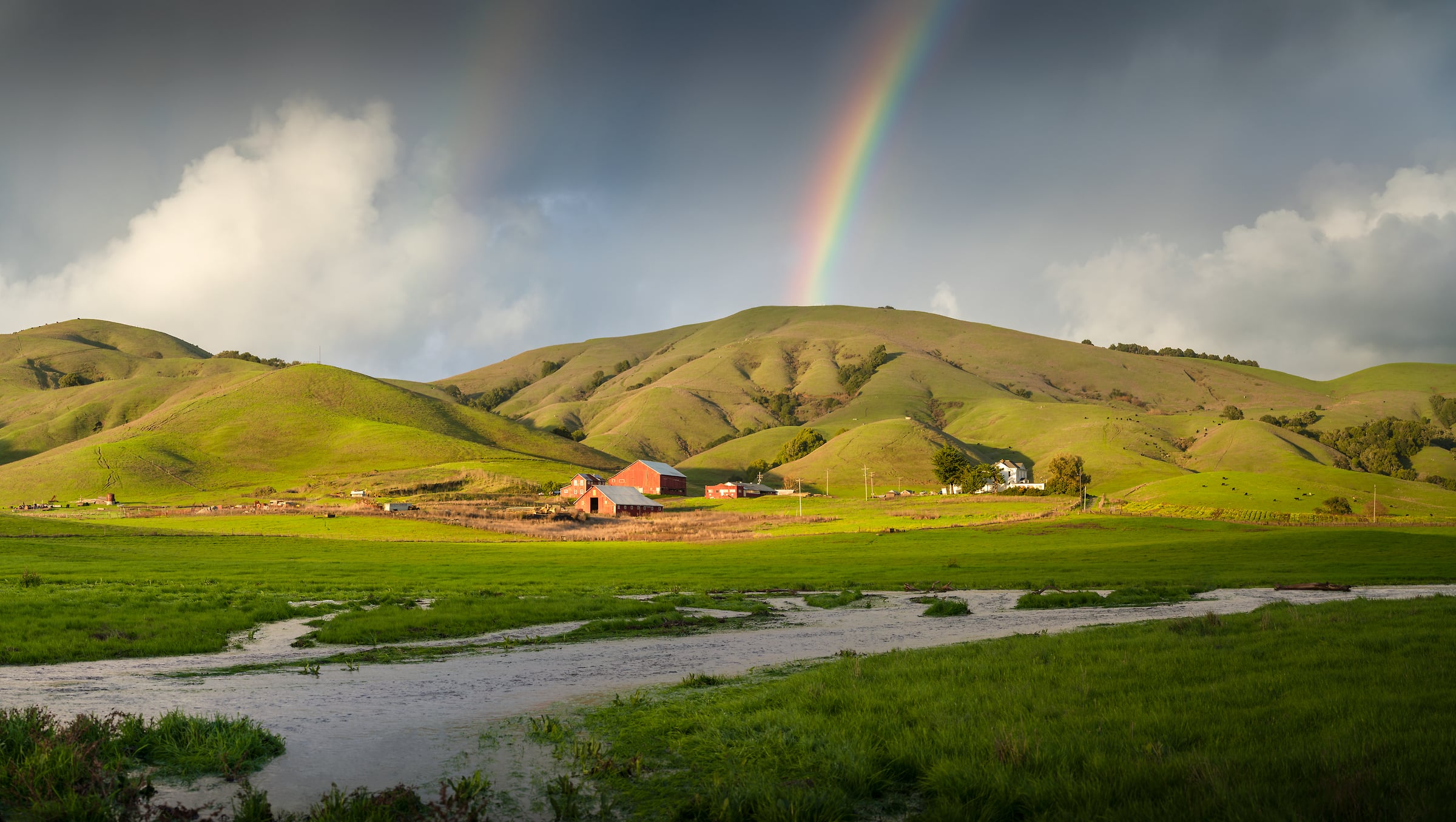 229 megapixels! A very high resolution, large-format VAST photo print of an idyllic farm landscape with a rainbow; photograph created by Jeff Lewis in Marin County, California.