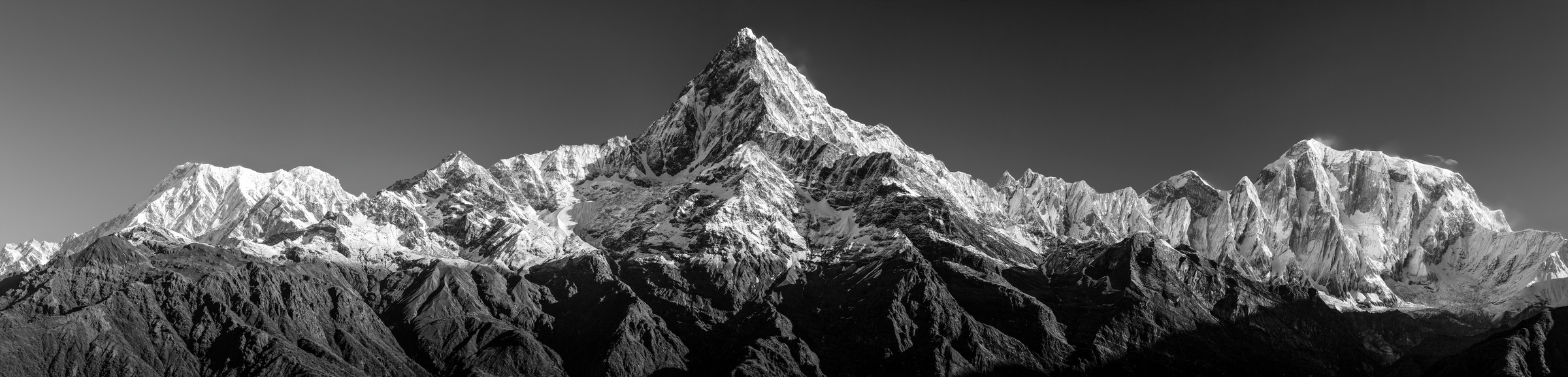 A very high resolution, large-format VAST photo of Machapuchare Mountain and the Annapurna Himalayas Mountains from Namchung Ri; fine art black and white landscape photograph created by Doug Kofsky while mountaineering in Nepal
