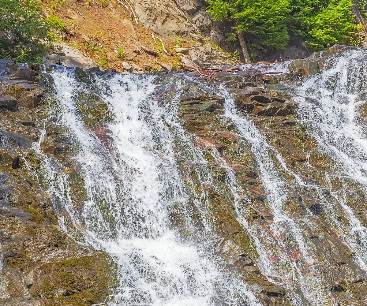 1,037 megapixels! A very high resolution, gigapixel photo of a large waterfall going down a rock face; perfect for use as a large wall mural; nature photograph created by John Freeman of Narada Falls in Mount Rainier National Park, Washington.
