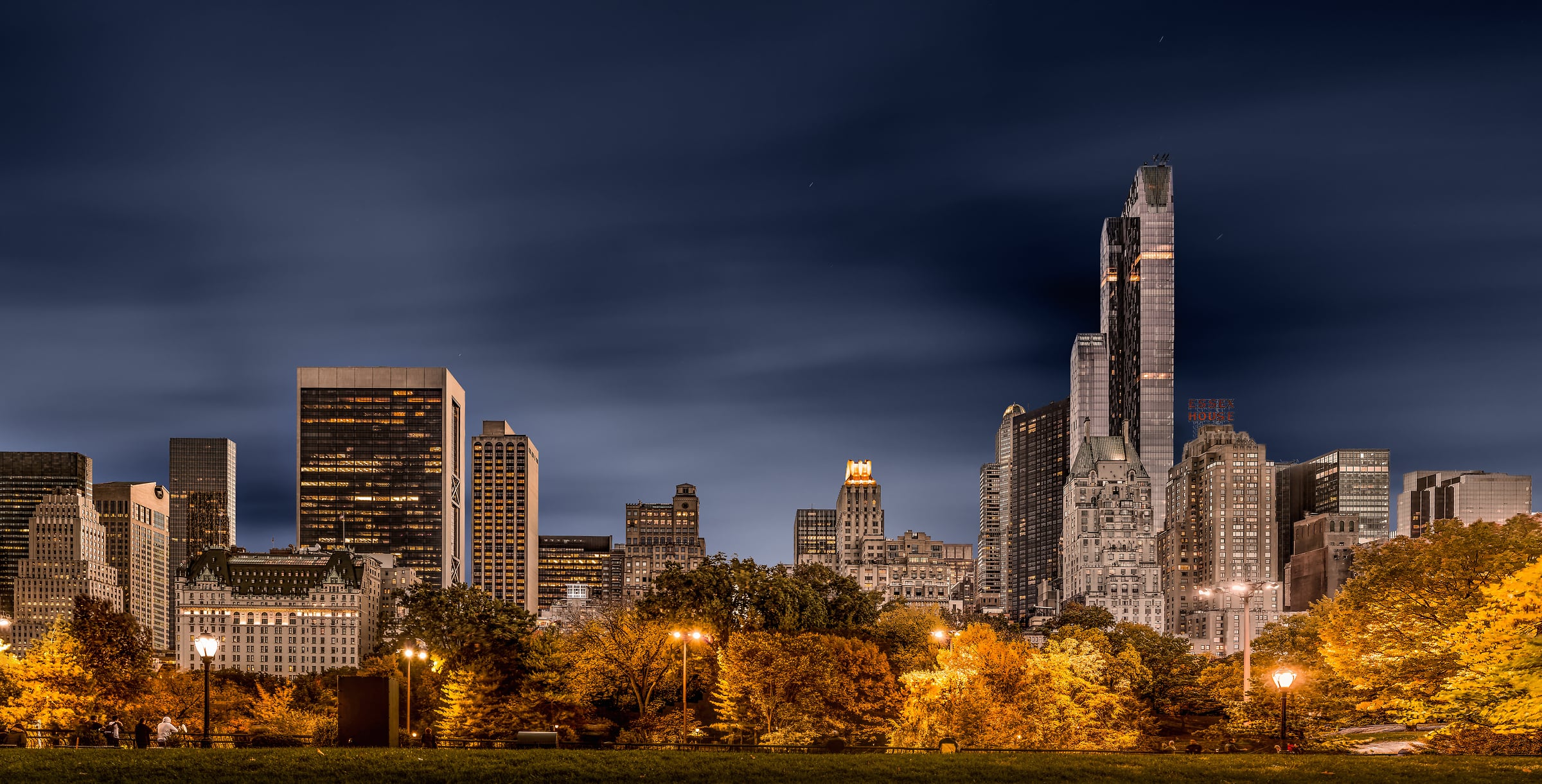 160 megapixels! A very high resolution cityscape VAST photo of the Billionaires' Row skyline in Midtown Manhattan from Central Park in autumn at night; created in New York City by Dan Piech