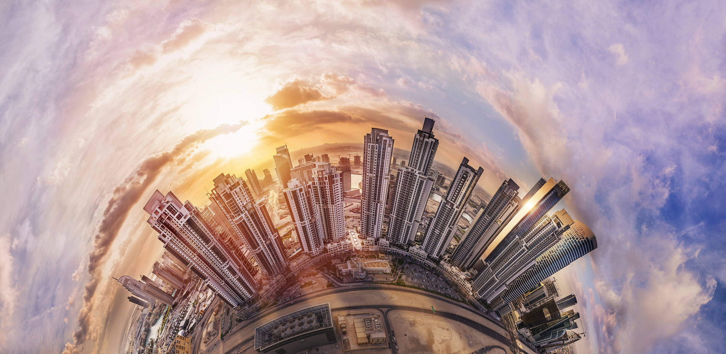 377 megapixels! A very high definition abstract cityscape VAST photo of the Executive Towers in Dubai at sunset; created in the United Arab Emirates by Dan Piech.