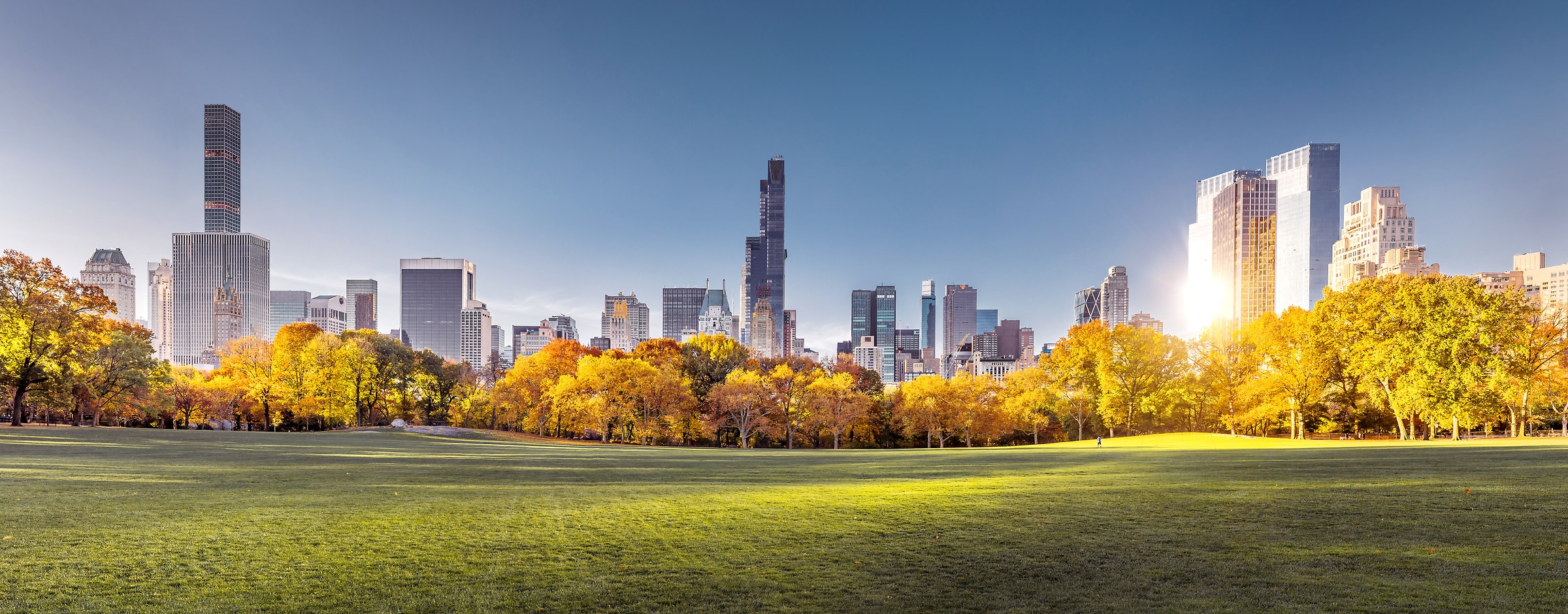 160 megapixels! A very high resolution landscape VAST photo of Sheep Meadow and the Manhattan skyline in Central Park at sunrise during autumn; created in New York City by Dan Piech