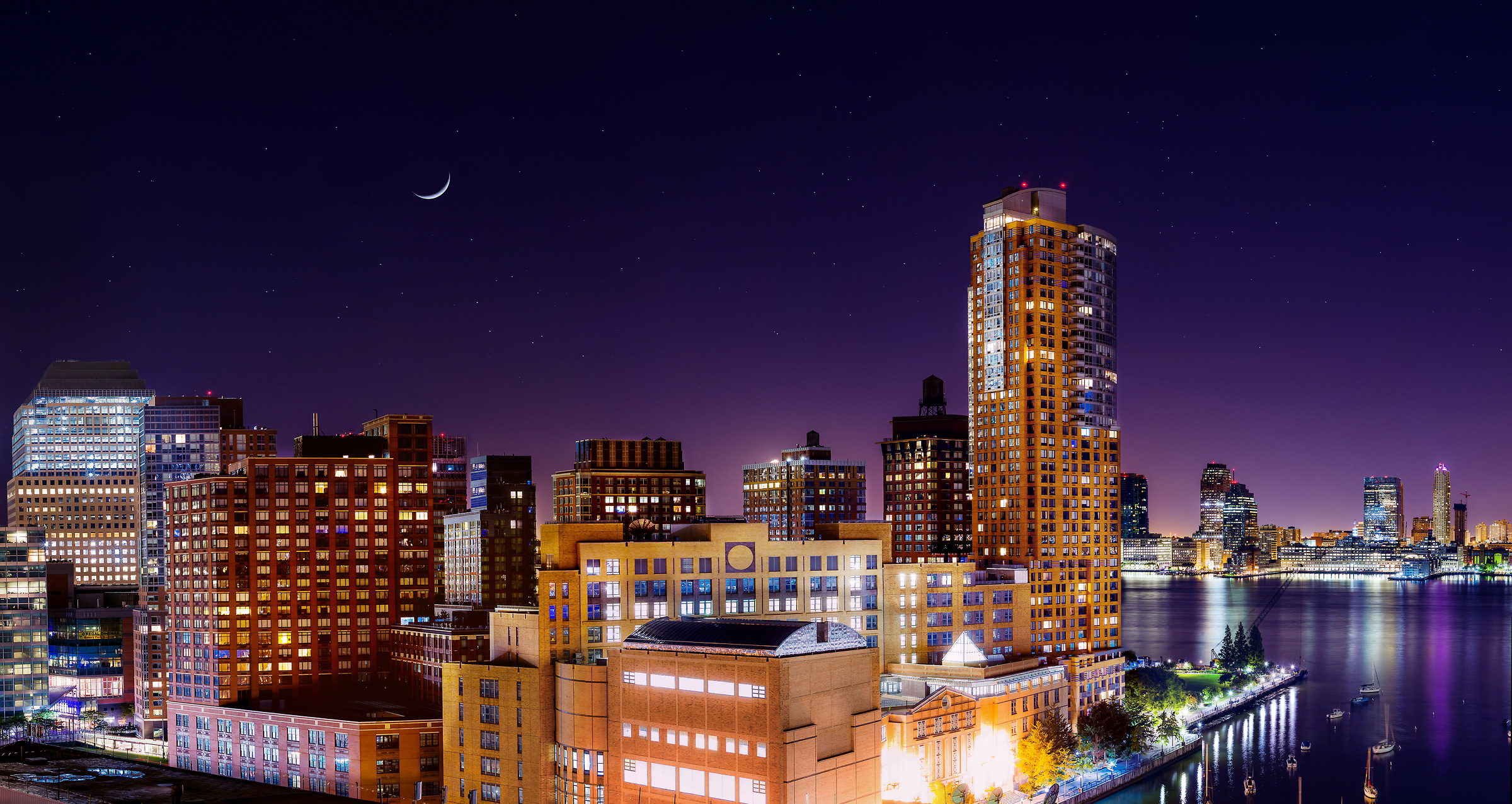 98 megapixels! A very high definition VAST photo of the Battery Park City neighborhood, Stuyvesant High School, and Tribeca Pointe on a starry night with a crescent moon; created in New York City by Dan Piech.