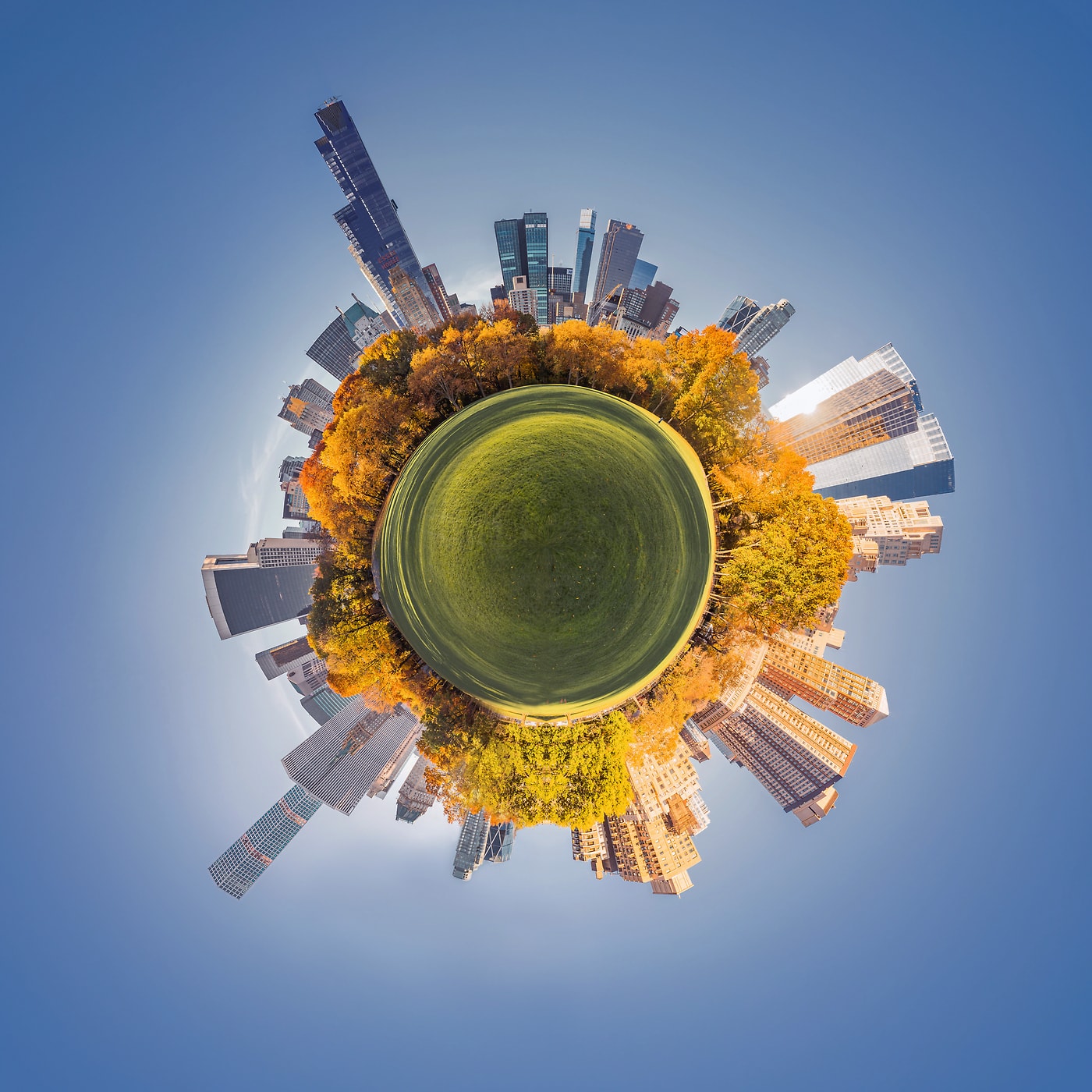 236 megapixels! A very high resolution abstract spherical planet VAST photo of autumn in Central Park, New York City; cityscape artwork created by Dan Piech.