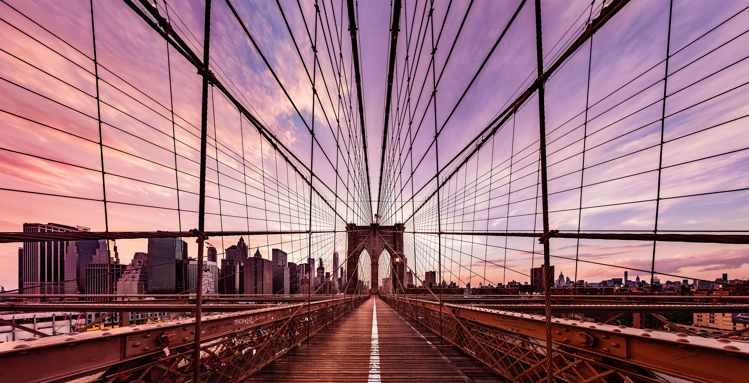 1,953 megapixels! The highest resolution VAST photo of the Brooklyn Bridge walkway path at sunset in New York City; created by Dan Piech