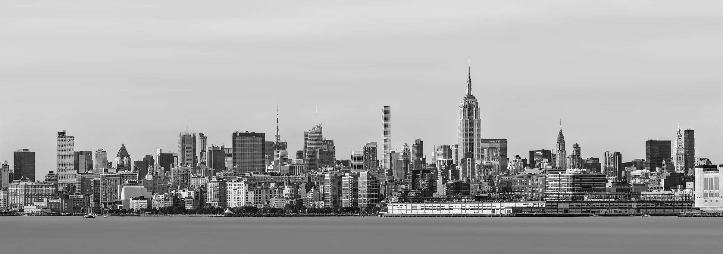 512 megapixels! A very high defintion long exposure cityscape VAST photo of the Midtown Manhattan New York City skyline and the Hudson River in black and white; created by Dan Piech