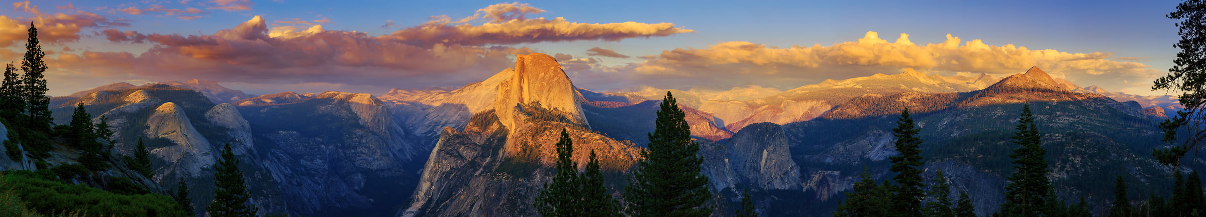 183 megapixels! A very high resolution, large-format VAST photo print of the Yosemite Naitonal Park valley and Half Dome at sunset from Glacier Point; nature landscape photo created by Guido Brandt.