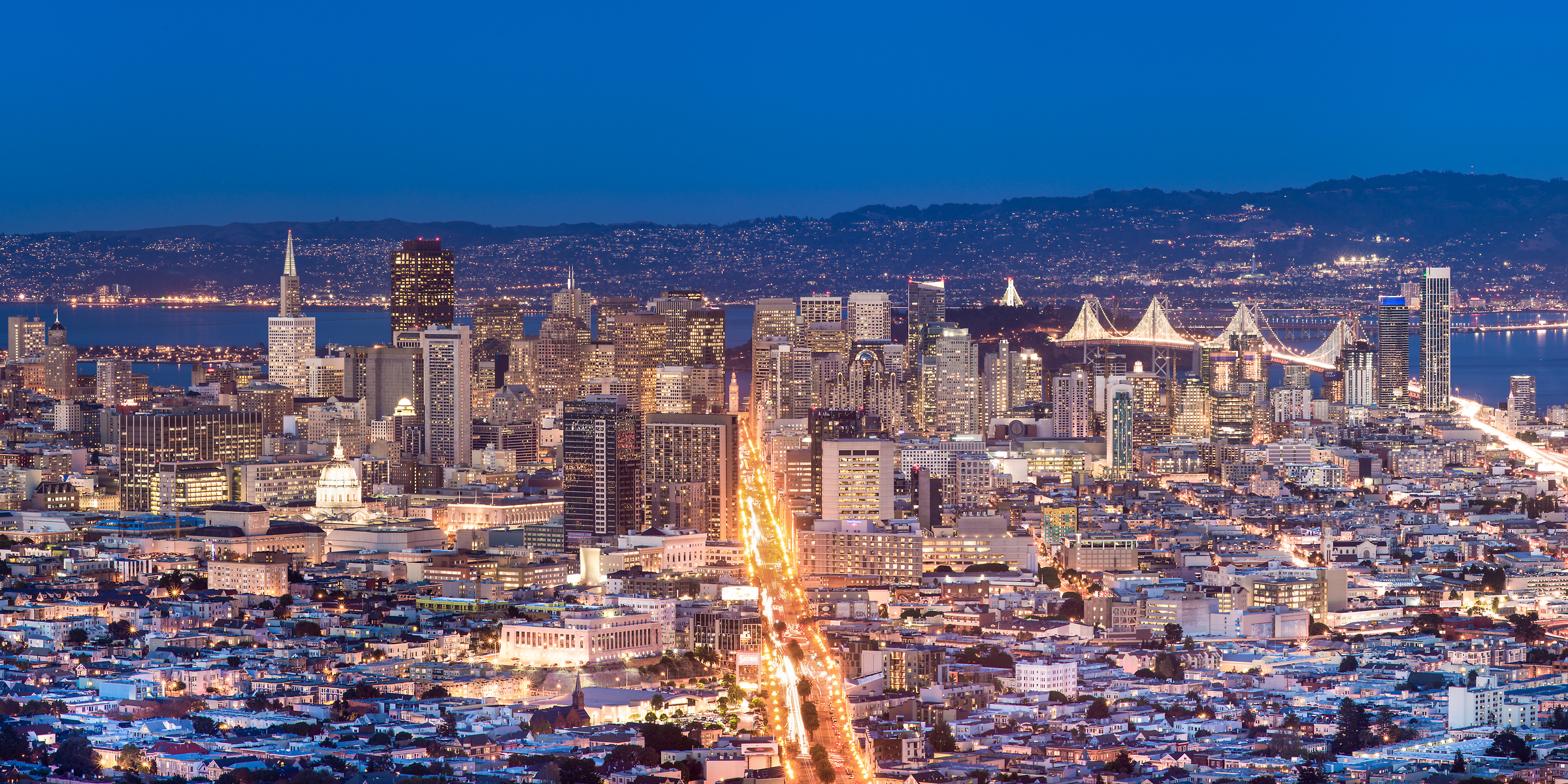 65 megapixels! A very high quality, large-format VAST photo print of the San Francisco skyline in California at dusk in the evening; cityscape photo created by Justin Katz