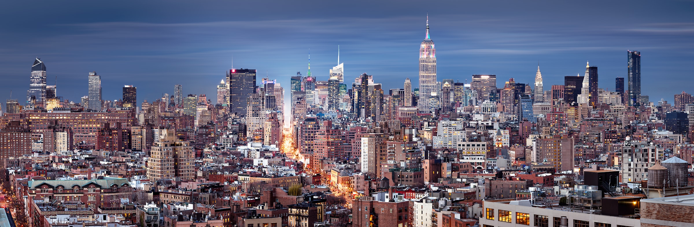 404 megapixels! A very high resolution, large-format VAST photo print of the Manhattan, New York City skyline at dusk; cityscape photo created by Dan Piech.