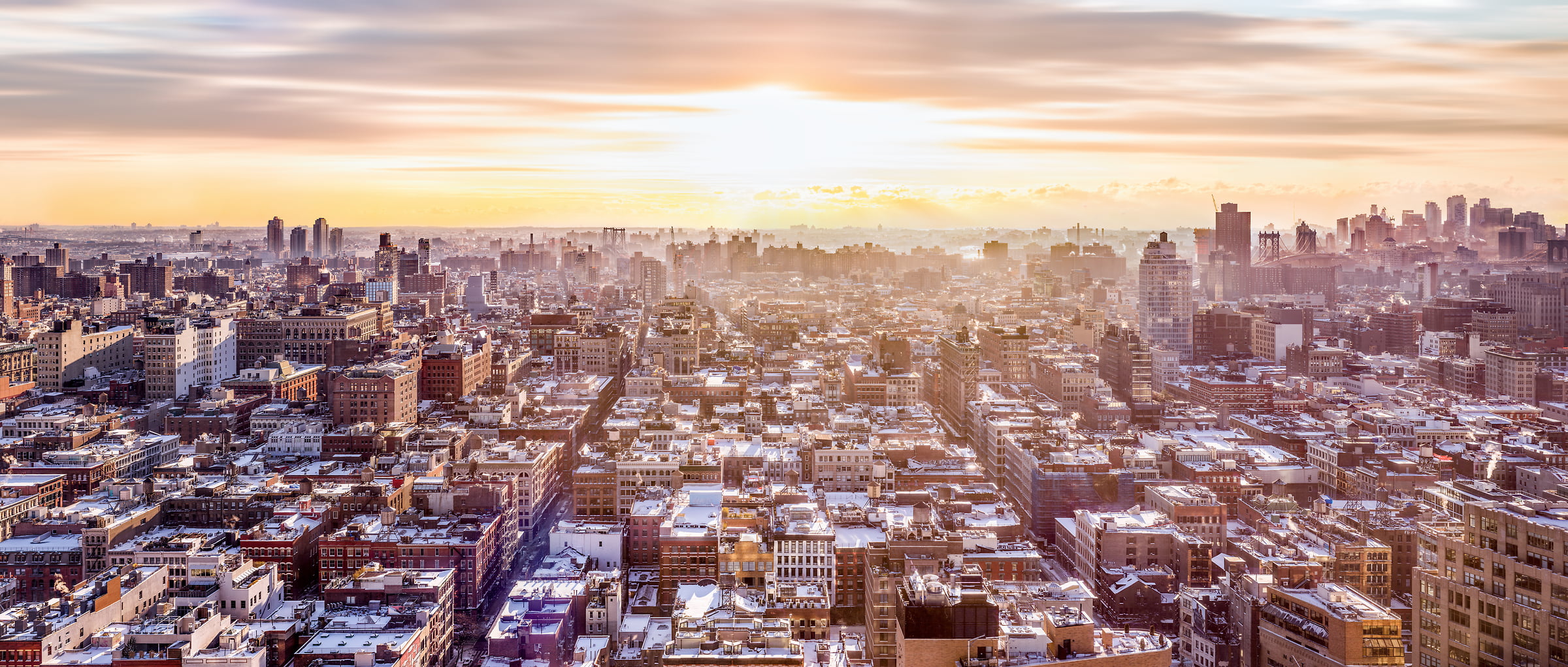 2,622 megapixels! A very high resolution, large-format VAST photo print of the SoHo skyline in NYC in winter snow; cityscape sunrise fine art photo created by Dan Piech in New York City.