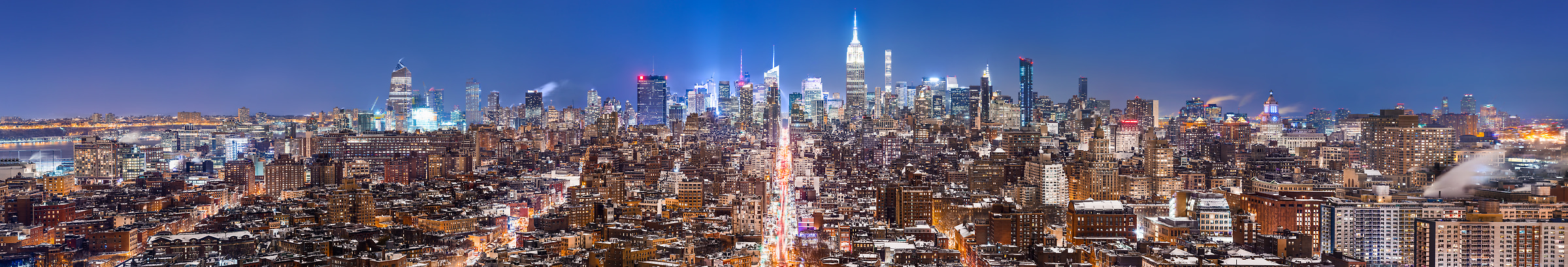 4,636 megapixels! A very high definition, large-format VAST photo print of the NYC skyline in winter snow at night; cityscape fine art photo created by Dan Piech in New York City