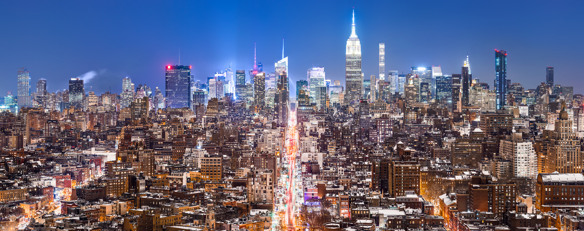 2,002 megapixels! A very high resolution, large-format VAST photo print of the NYC skyline in winter snow at night; cityscape fine art photo created by Dan Piech in New York City