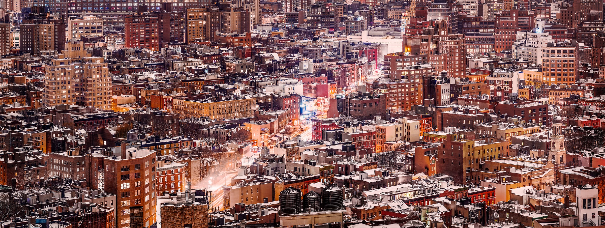 756 megapixels! A very high resolution, large-format VAST photo print of the West Village in NYC at night in winter snow; cityscape fine art photo created by Dan Piech in New York City.