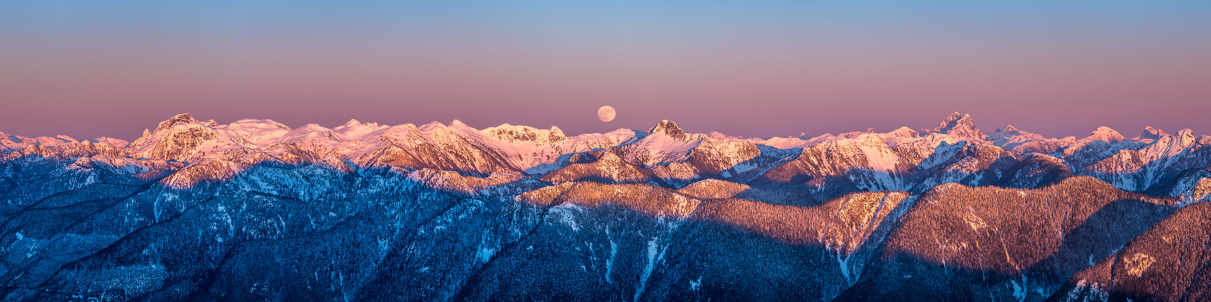169 megapixels! A very high resolution, large-format VAST photo print of mountains, sunset, dusk, the moon, First Peak, and Mount Seymour Provincial Park; fine art landscape photo created by Tim Shields in Vancouver, British Columbia
