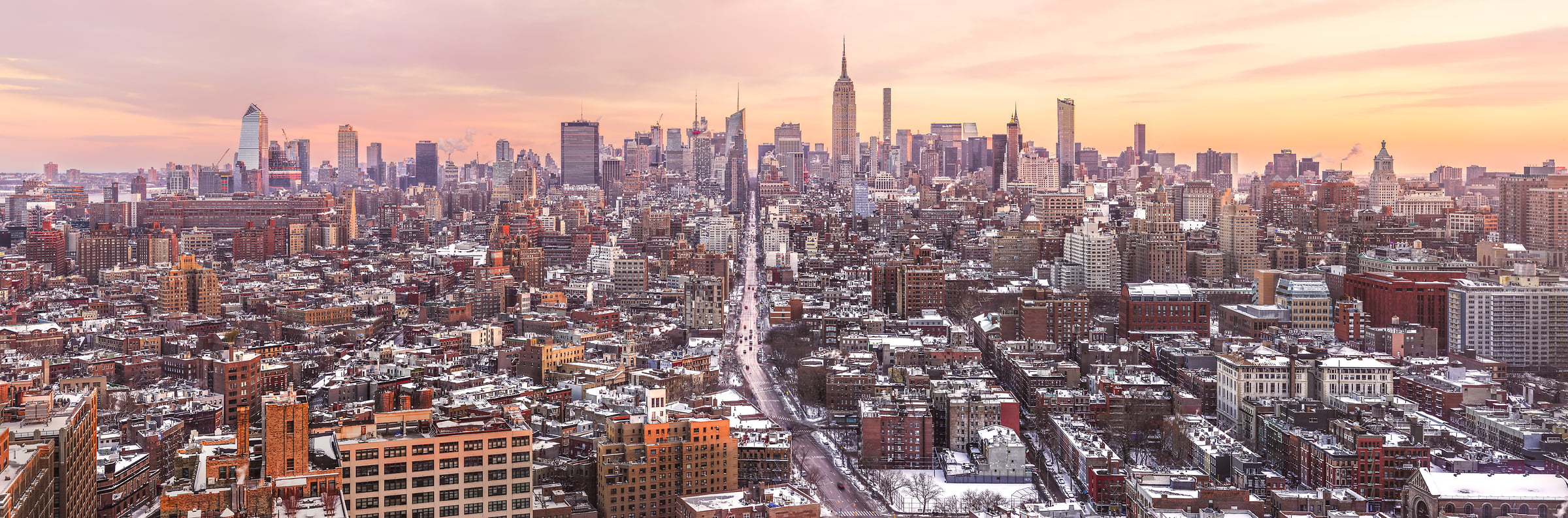 1,703 megapixels! A very high resolution, large-format VAST photo print of the NYC skyline in winter snow; cityscape sunrise fine art photo created by Dan Piech in New York City