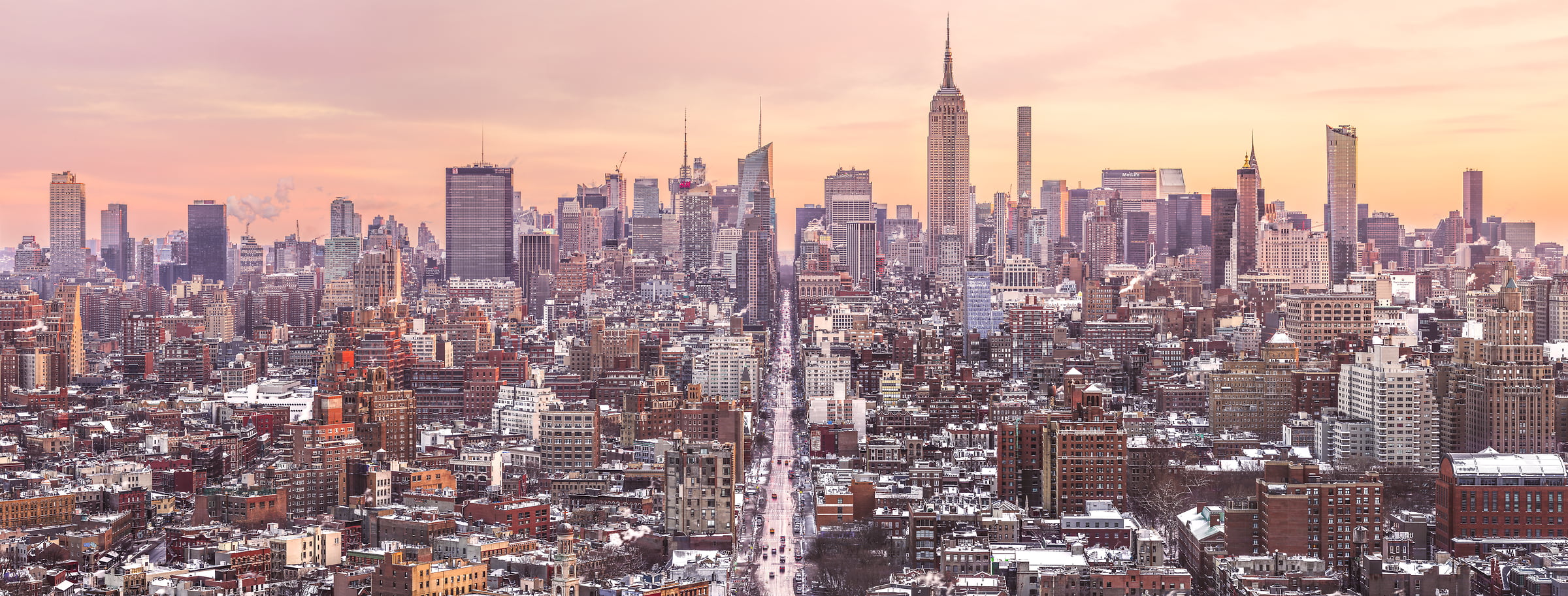 621 megapixels! A very high resolution, large-format VAST photo print of the NYC skyline in winter snow; cityscape sunrise fine art photo created by Dan Piech in New York City.