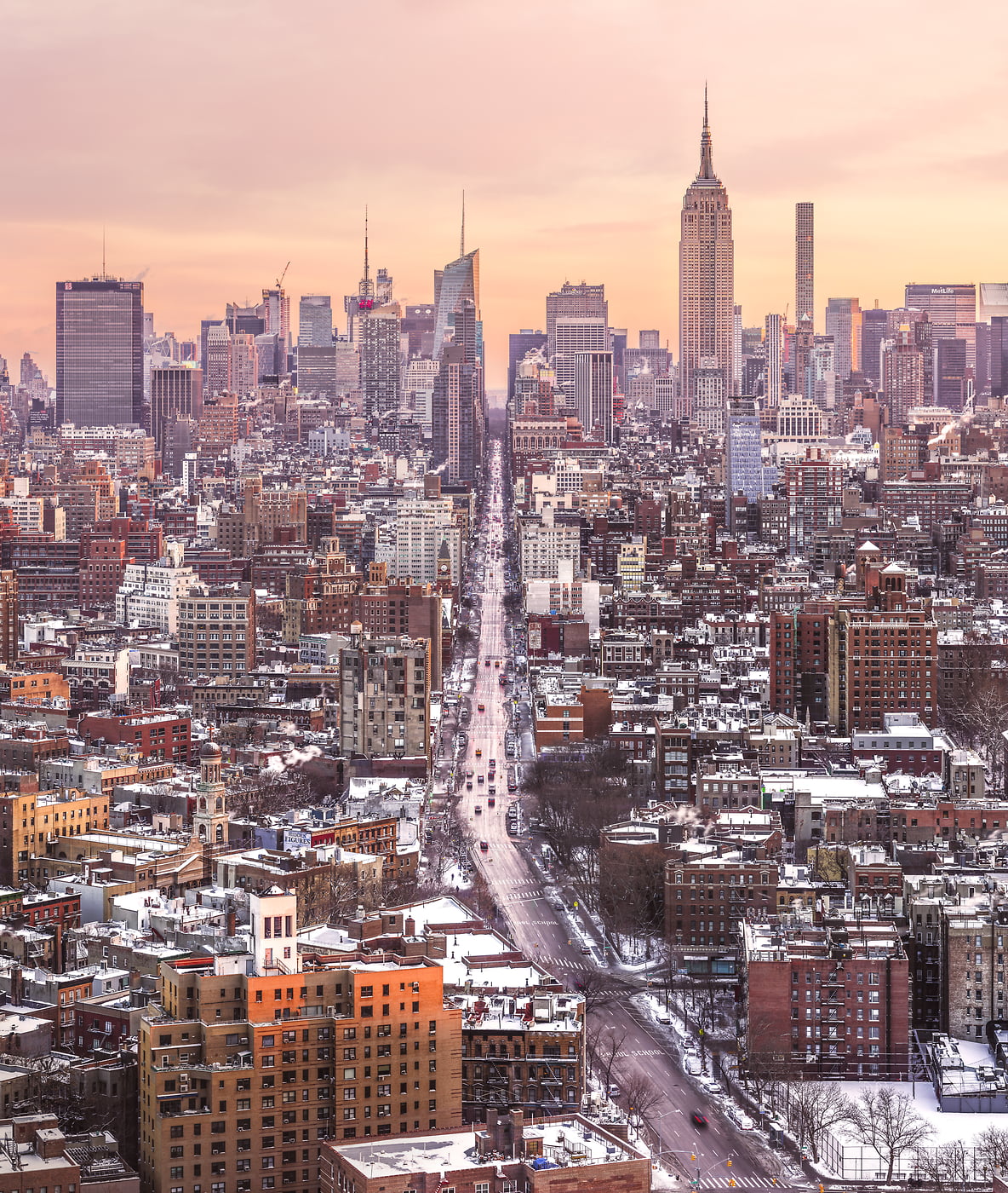 477 megapixels! A very high resolution, large-format VAST photo print of the NYC skyline in winter snow; cityscape sunrise fine art photo created by Dan Piech in New York City.