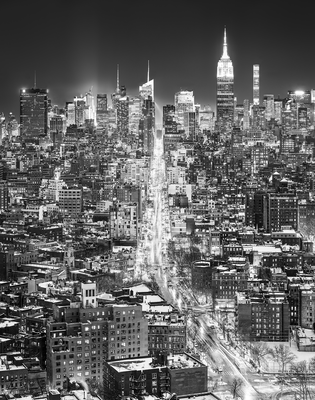 1,571 megapixels! A very high resolution, large-format VAST photo print of the Manhattan NYC skyline in winter snow at night; black and white cityscape fine art photo created by Dan Piech in New York City.
