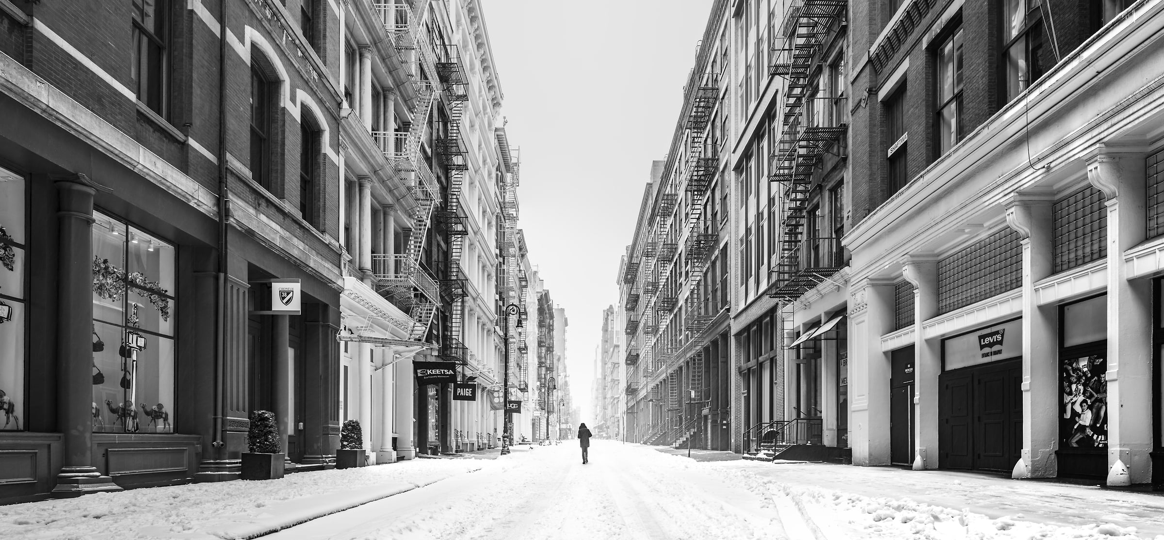 268 megapixels! A very high definition, large-format VAST photo print of Mercer Street in SoHo in NYC in winter snow; black and white fine art street photo created by Dan Piech in New York City