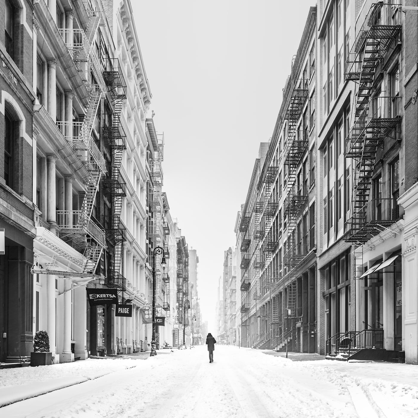 141 megapixels! A very high definition, large-format VAST photo print of Mercer Street in SoHo in NYC in winter snow; black and white fine art street photo created by Dan Piech in New York City