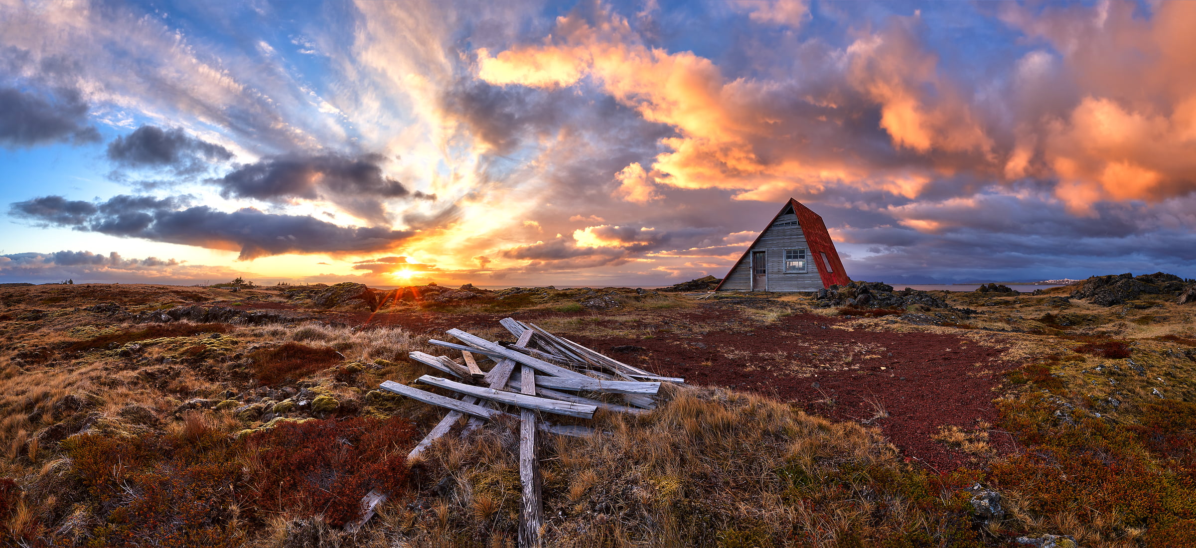 73 megapixels! A very high resolution, large-format VAST photo of an A-frame house in Iceland; fine art landscape photo created at sunset by Scott Dimond on the Great Plains in the Capital Region of Iceland