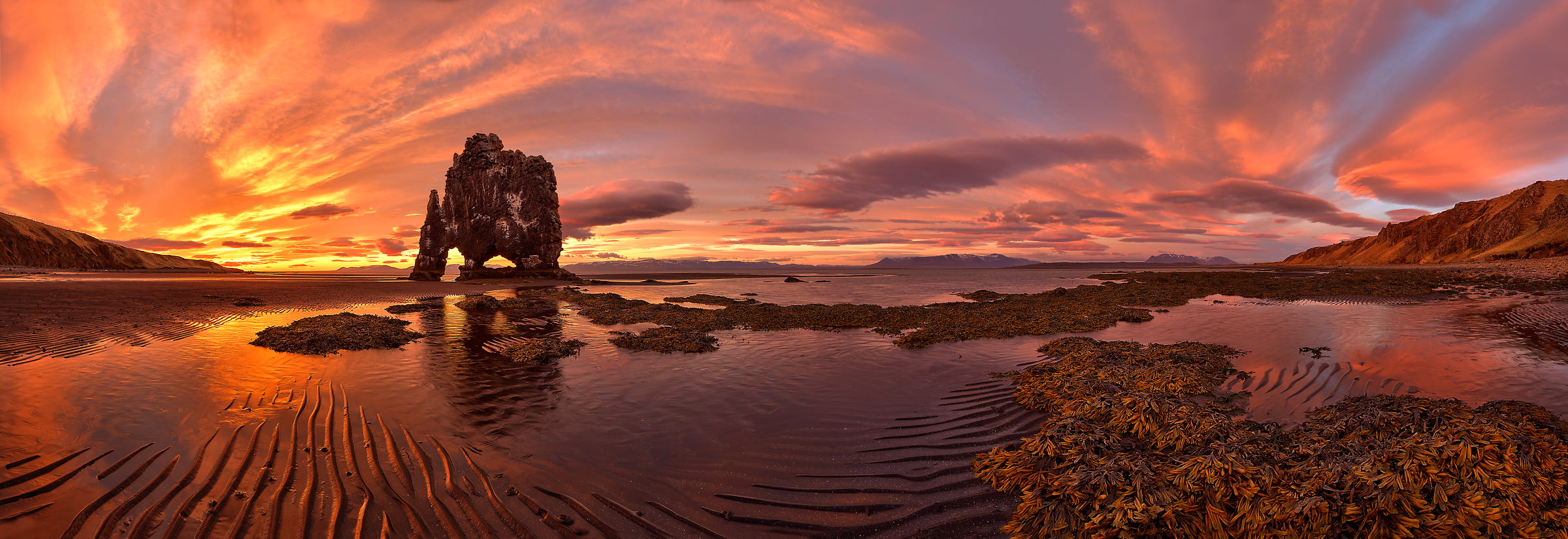 109 megapixels! A very high resolution, large-format VAST photo of sunset and sunrise on the water with a giant rock structure called Hvítserkur Monolith or Dinosaur Rock; fine art landscape photo created by Scott Dimond in the Northwestern Region of Iceland