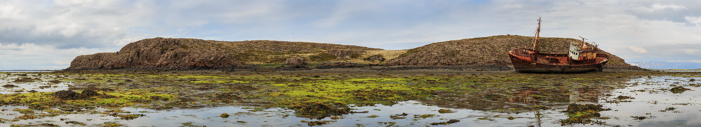 178 megapixels! A very high resolution, large-format VAST photo of an abandoned boat ship and tidal flats; fine art landscape photo created by Scott Dimond in the Western Region of Iceland.