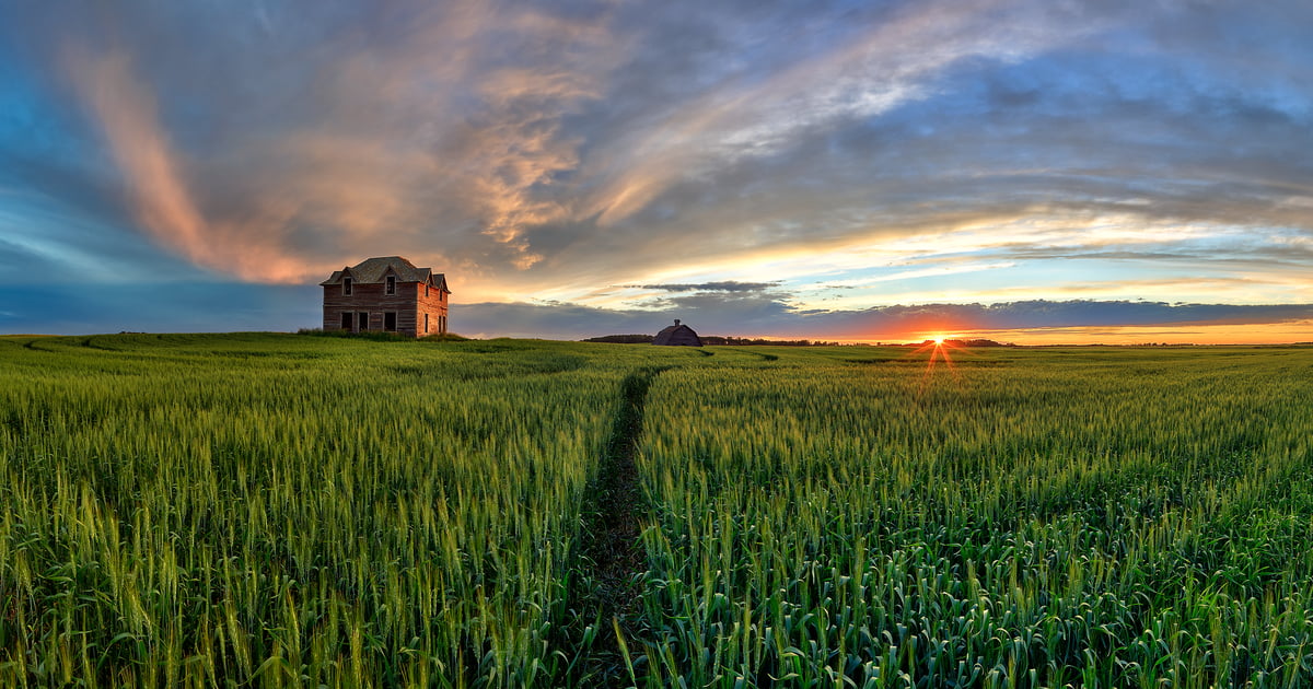89 megapixels! A very high resolution, large-format VAST photo of farmland, grasslands, the prairie, and an old abandoned house; fine art landscape photo created at sunset by Scott Dimond on the Great Plains in Alberta, Canada.
