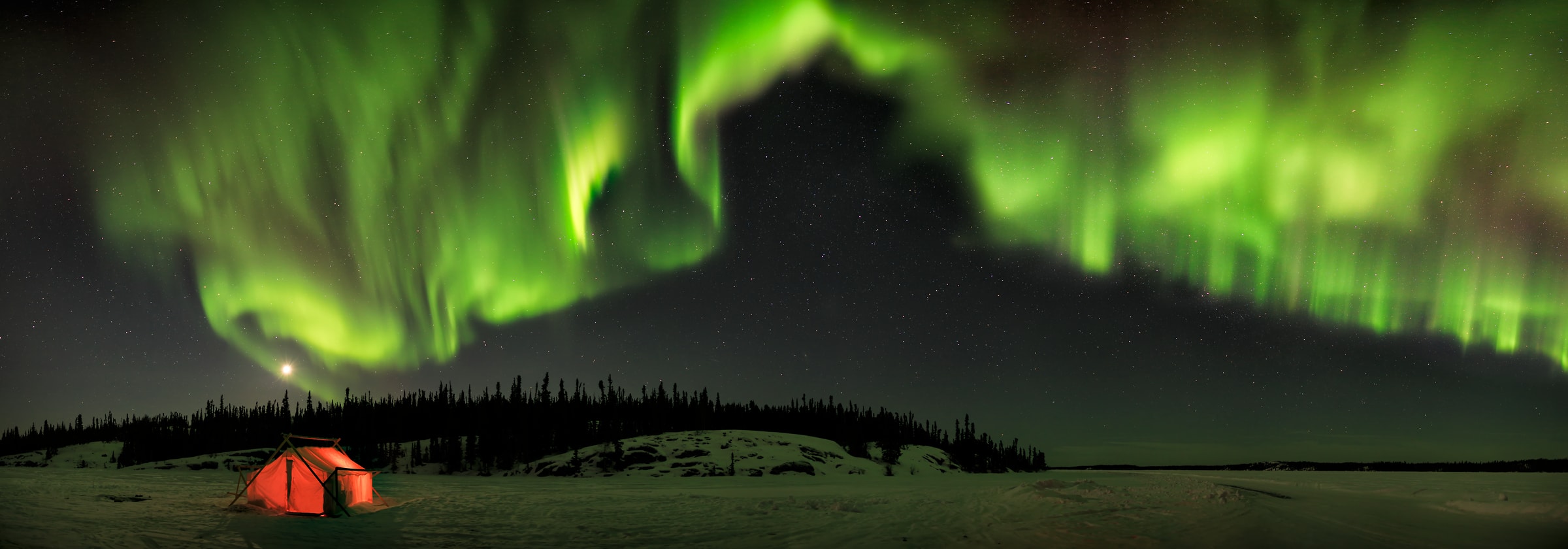 105 megapixels! A very high resolution, large-format VAST photo of a tent camping under the Aurora Borealis Northern Lights; fine art landscape photo created by Scott Dimond at Walsh Lake in the Northwest Territories of Canada.