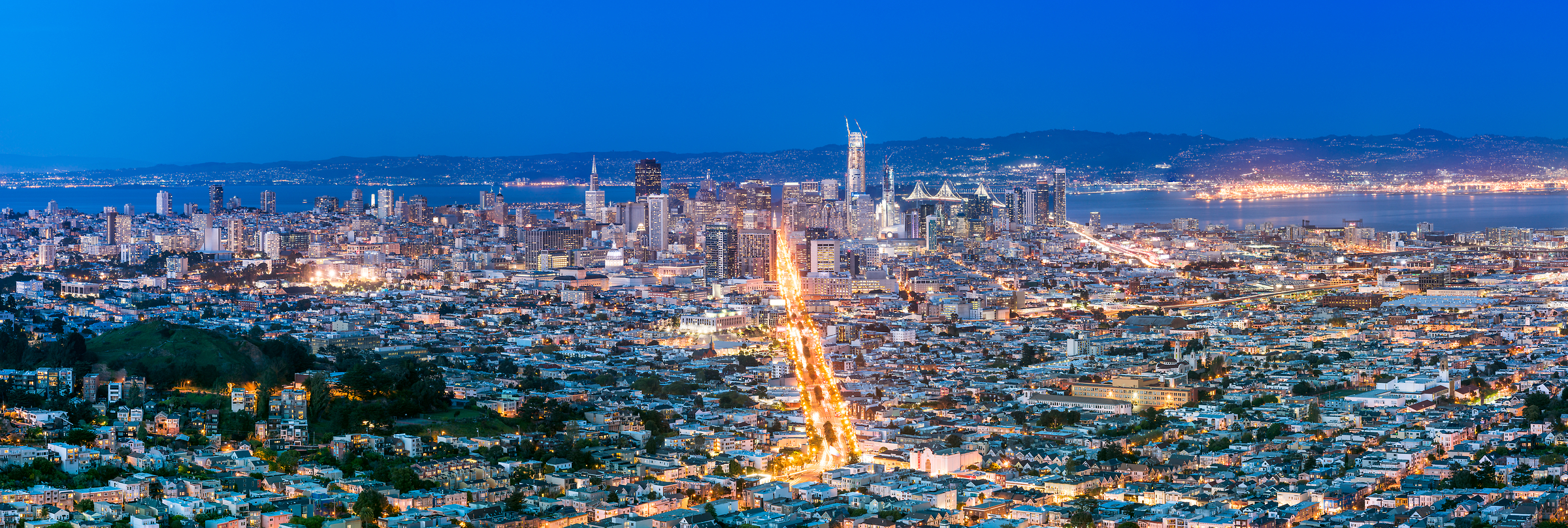 363 megapixels! A very high resolution, large-format VAST photo of the Downtown San Francisco city skyline at sunset dusk; fine art cityscape photograph created by Justin Katz in California