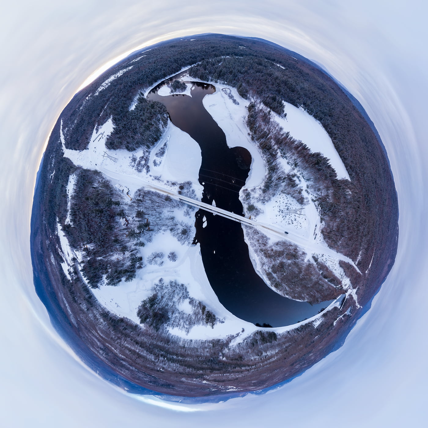 303 megapixels! A very high resolution, large-format VAST photo of Abol Bridge in Millinocket, Maine in winter with snow; fine art aerial 360-degree panorama photograph created by Aaron Priest in New England