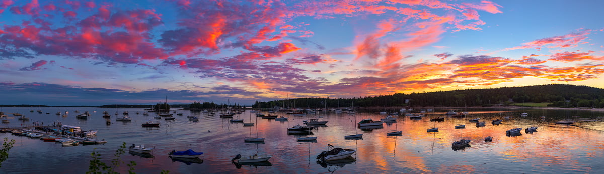 952 megapixels! A very high resolution, large-format VAST photo of a New England harbor with boats at sunset; fine art landscape photograph created by Aaron Priest in Seal Harbor, Maine.