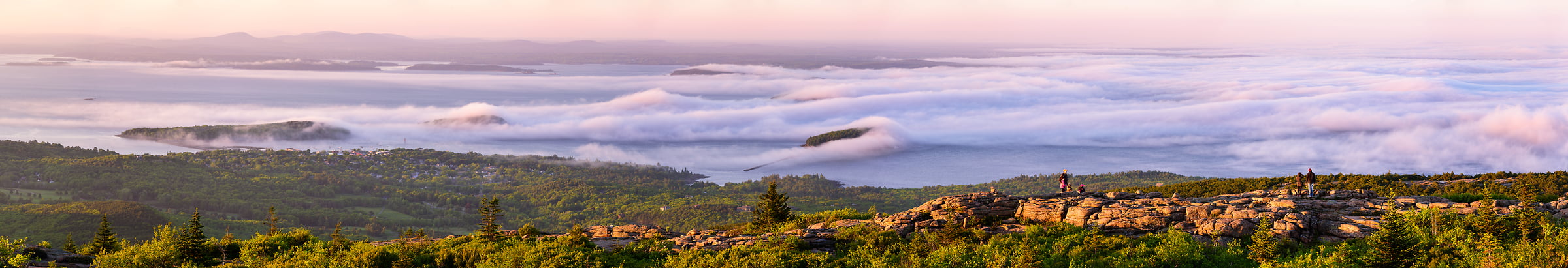 219 megapixels! A very high resolution, large-format VAST photo of fog covering Bar Harbor; fine art landscape photograph created by Aaron Priest from Cadillac Mountain in Acadia National Park, Maine.