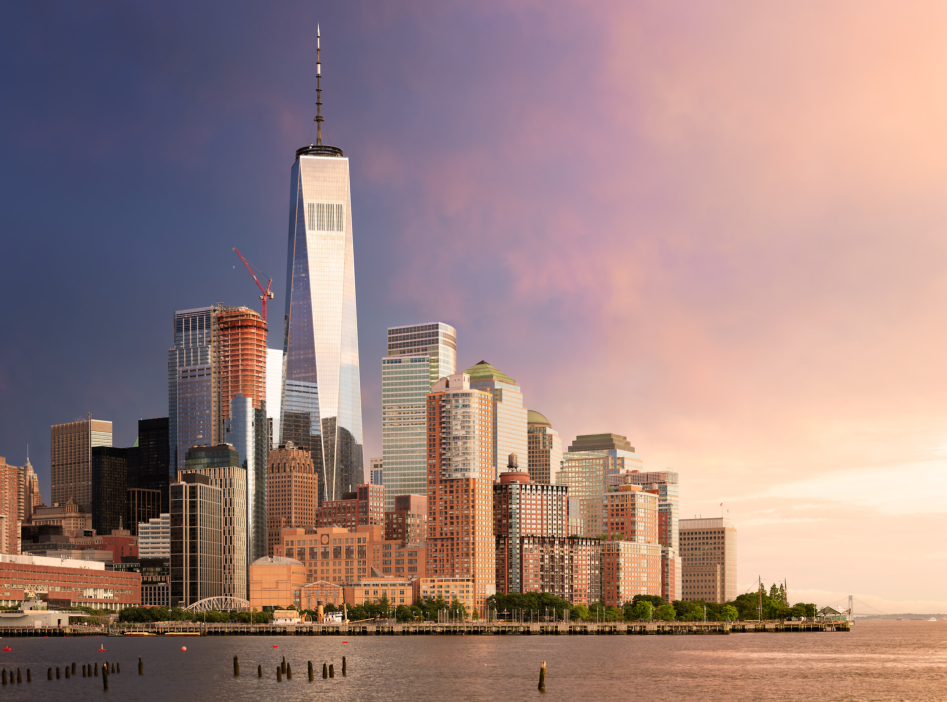 759 megapixels! A very high resolution, large-format VAST photo of the World Trade Center and Battery Park City at sunset; fine art skyline photo created by cityscape photographer Dan Piech in New York City
