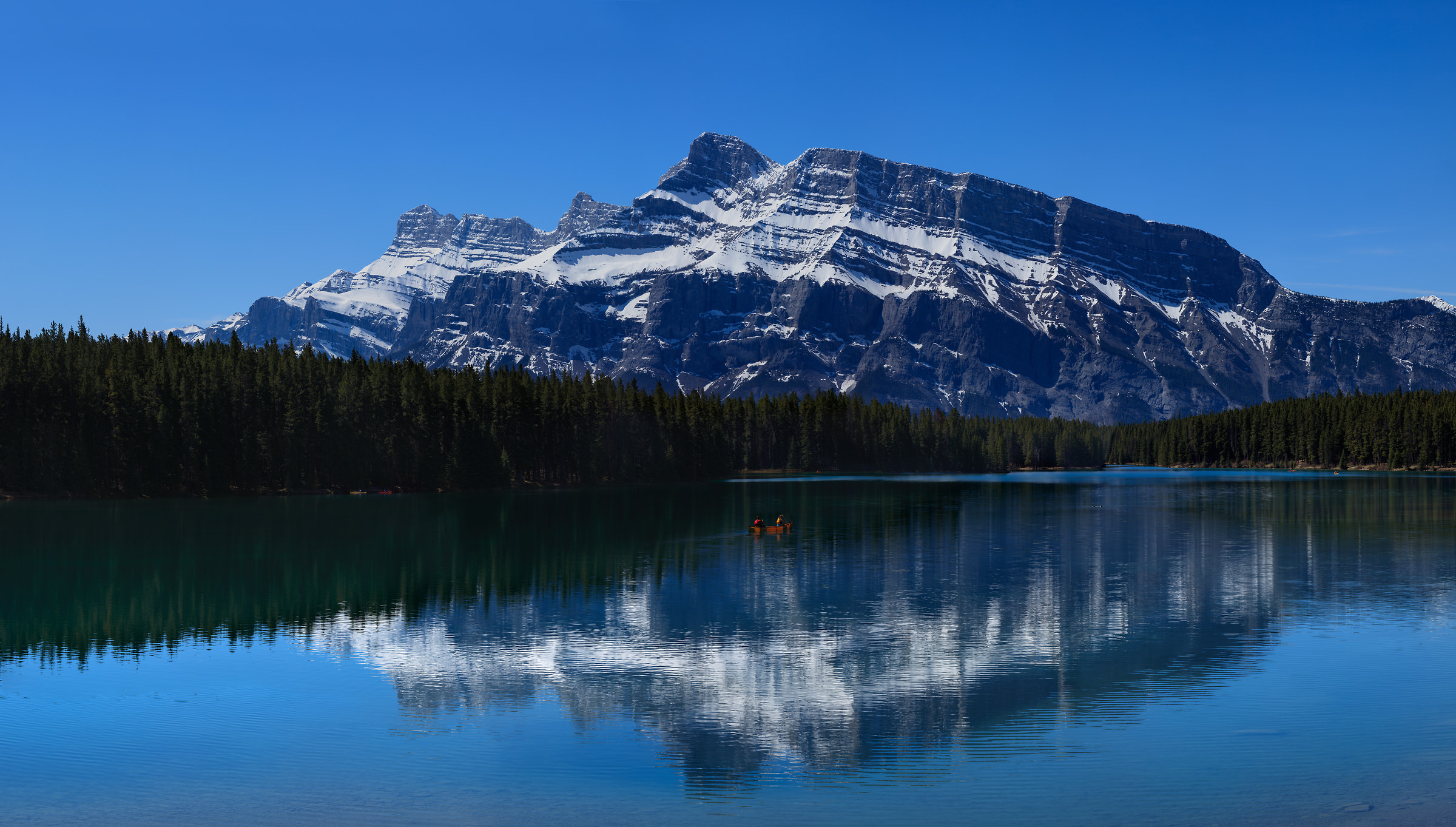 617 megapixels! A very high resolution, large-format VAST photo print of people kayaking on Two Jack Lake near Mount Rundle; fine art landscape photo created by Scott Dimond in Banff National Park, Alberta Canada