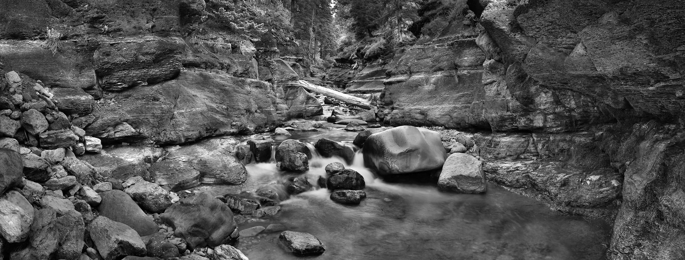 4,741 megapixels! A very high resolution, large-format VAST photo print of a stream, waterfall, and rocks; black and white fine art nature photo created by Steve Webster in Red Rock Canyon, Waterton Lakes National Park, Alberta Canada