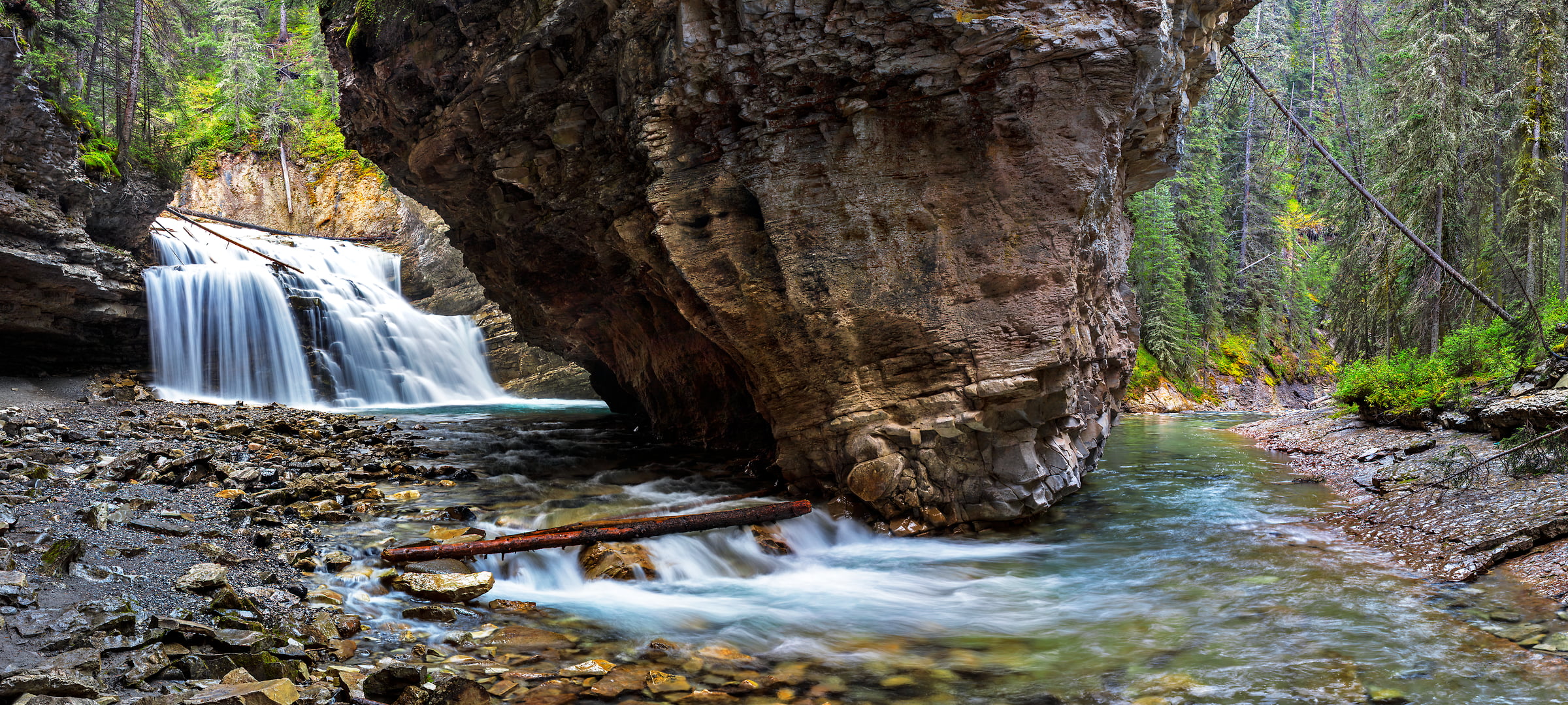 310 megapixels! A very high resolution, large-format VAST photo print of a waterfall, stream, rocks, and forest in the woods; fine art nature photo created by Chris Collacott in Banff National Park, Alberta, Canada