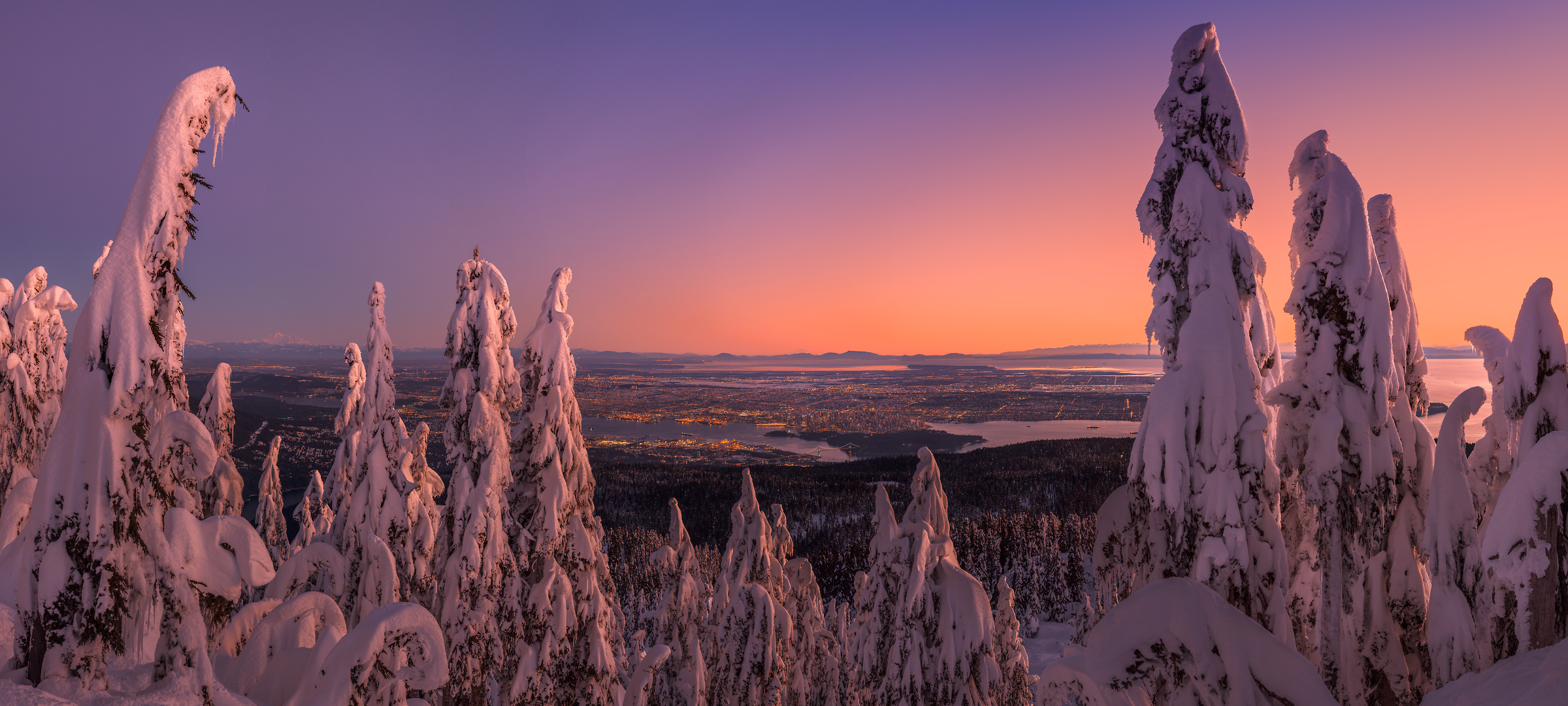 443 megapixels! A very high resolution, large-format VAST photo print of snow-covered trees overlooking a city at sunset from Hollyburn Peak; fine art landscape photo created by Chris Collacott in West Vancouver, British Columbia, Canada