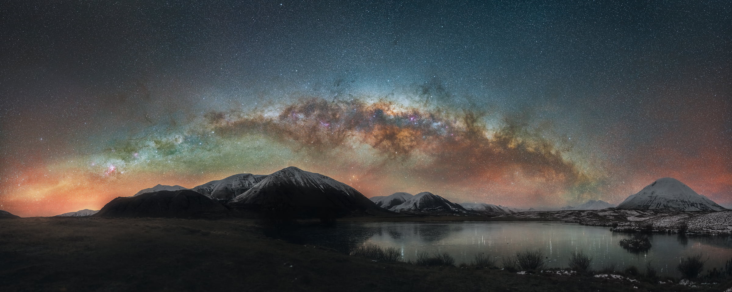 301 megapixels! A very high resolution, large-format VAST photo print of the night sky, milky way, and stars over mountains and a lake; fine art astrophotography landscape photo created by Paul Wilson in Lake Roundabout, New Zealand