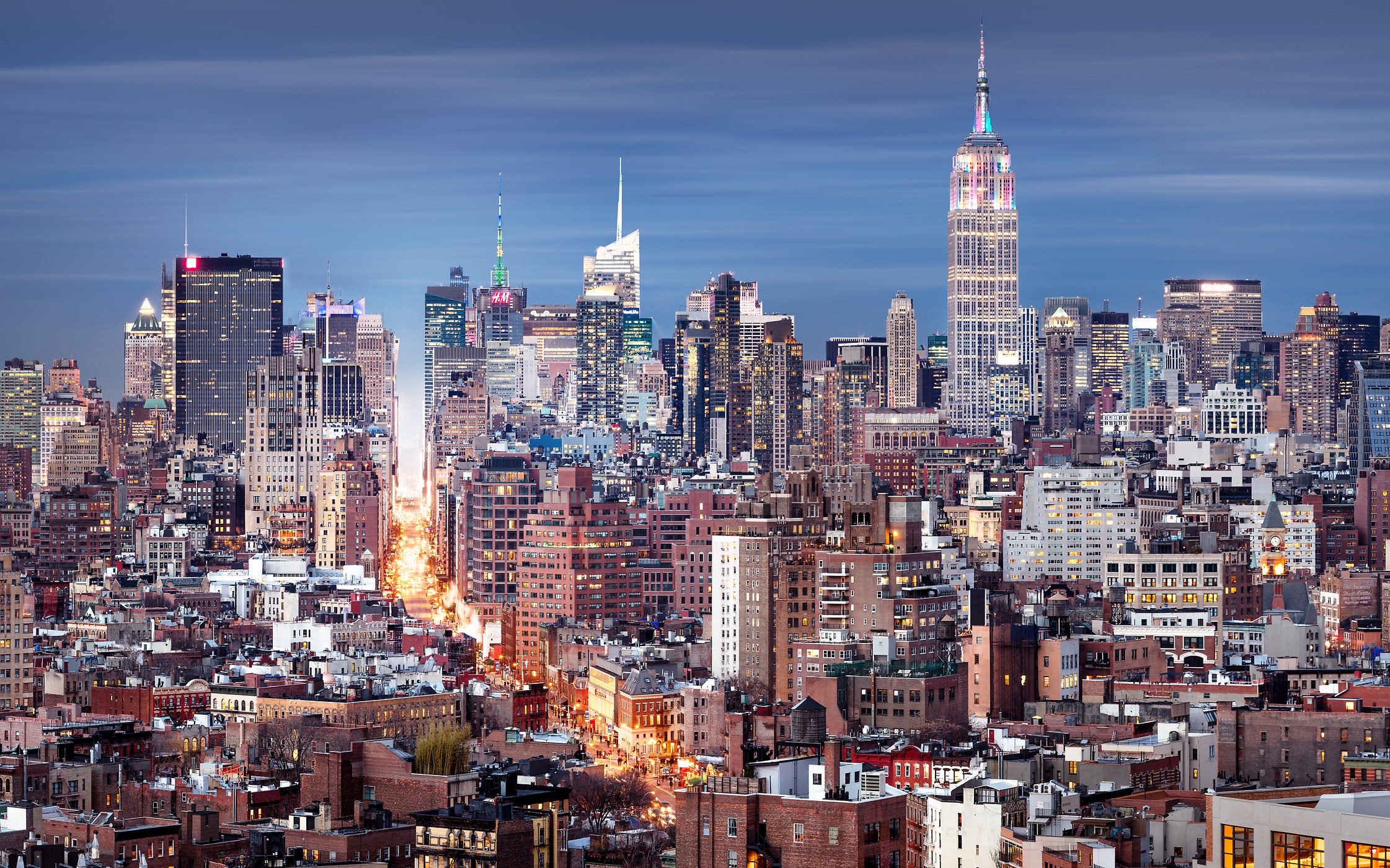 185 megapixels! A very high resolution, large-format VAST photo print of the Manhattan, New York City skyline at dusk; cityscape photo created by Dan Piech