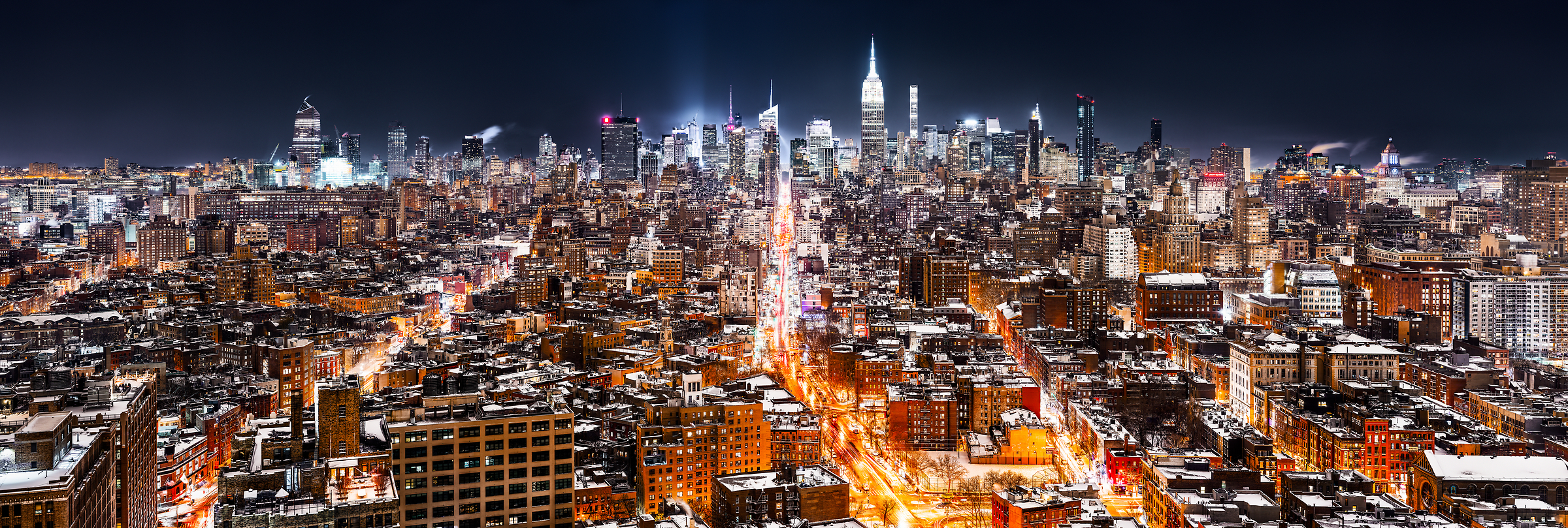 5,910 megapixels! A very high resolution, large-format VAST photo print of the NYC skyline at night; cityscape fine art photo created by Dan Piech in Midtown Manhattan, New York City