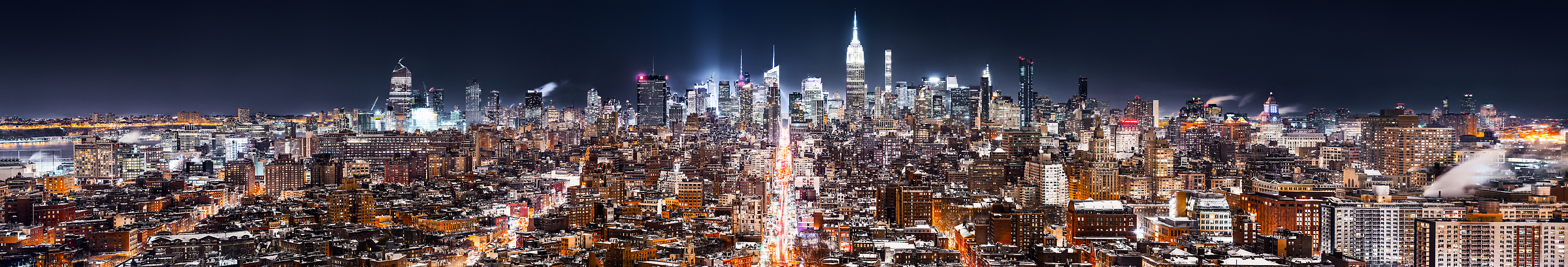 4,636 megapixels! A very high resolution, large-format panorama photo of the New York City skyline at night; cityscape fine art photo created by Dan Piech in Midtown Manhattan, New York City.