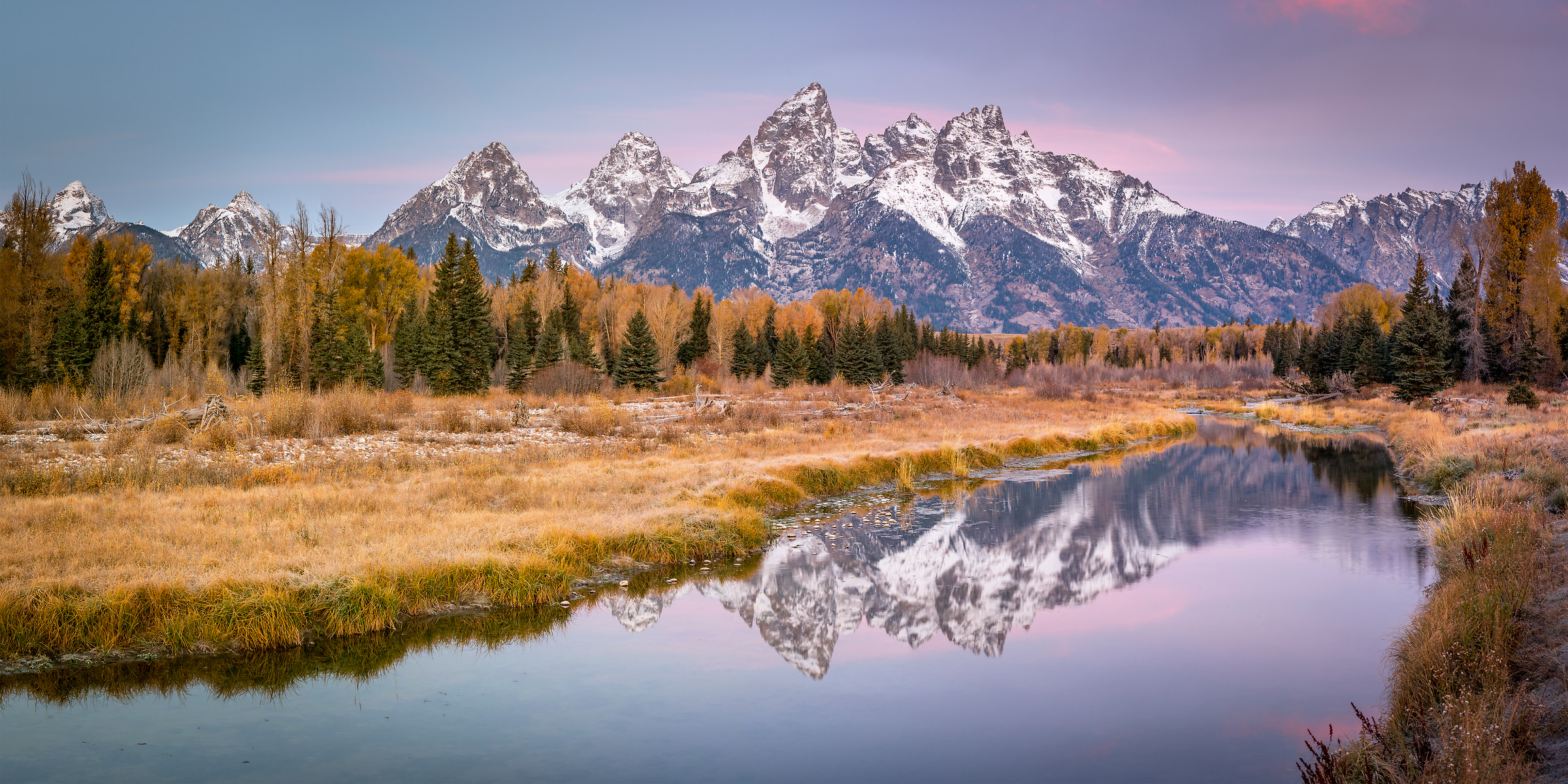 266 megapixels! A very high resolution, large-format VAST photo print of a mountain landscape scene at dawn with the Grand Tetons, a river, and a forest with autumn foliage; landscape photo created by Justin Katz in Grand Teton National Park, Wyoming.