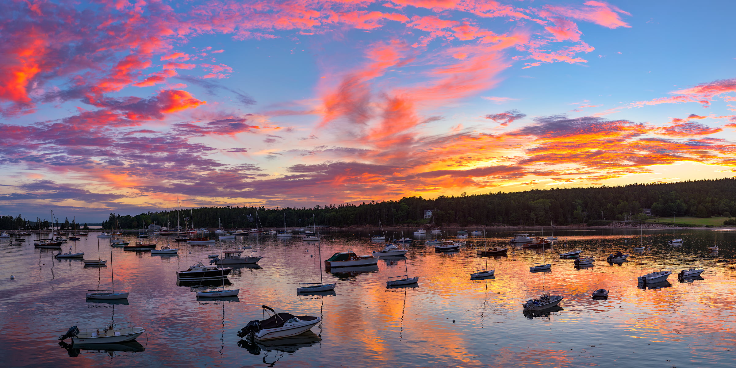 551 megapixels! A very high resolution, large-format VAST photo of a New England harbor with boats at sunset; fine art landscape photograph created by Aaron Priest in Seal Harbor, Maine.
