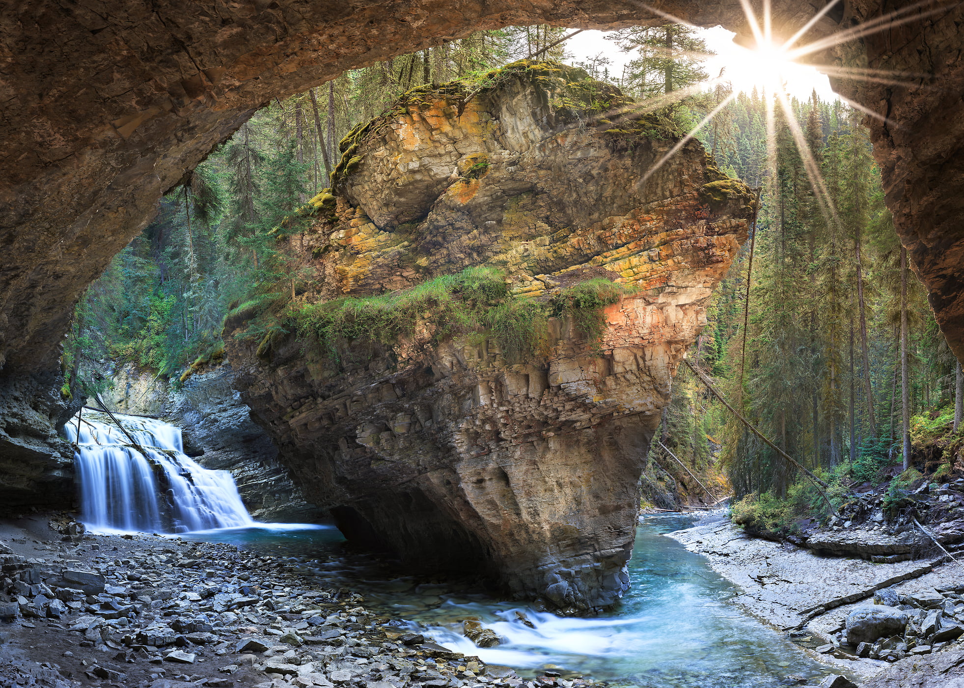 2,458 megapixels! A very high resolution, large-format nature photo of Johnston Canyon Cave, including a stream, waterfall, cave, and rock formation; fine art photograph created by Scott Dimond in Banff National Park, Alberta, Canada